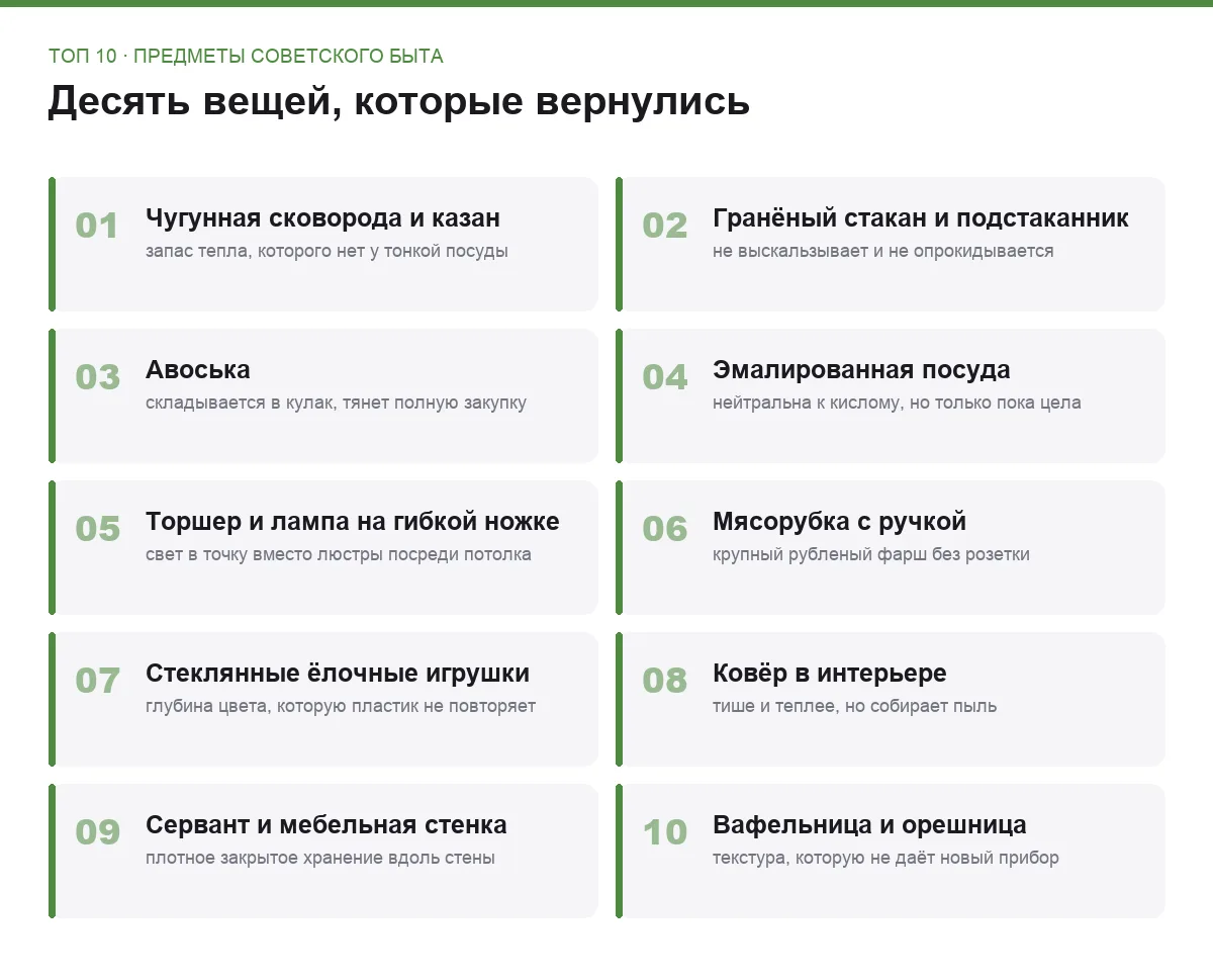 Плиточный постер со списком десяти предметов советского быта, которые снова в ходу
