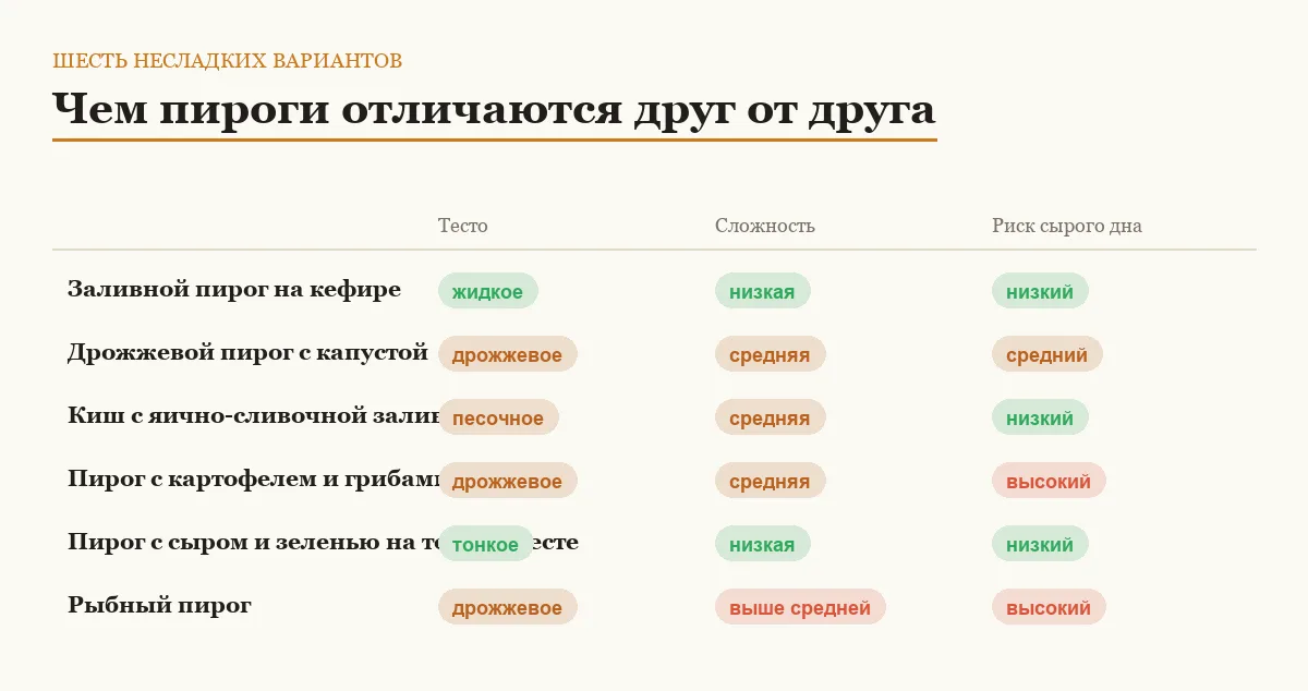 Инфографика: тесто, сложность и риск сырого дна у шести пирогов