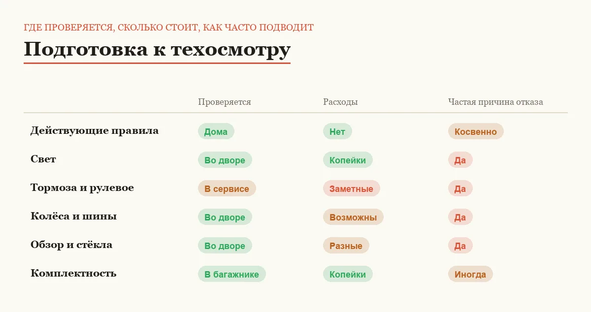 Сравнение шести направлений подготовки машины к техосмотру