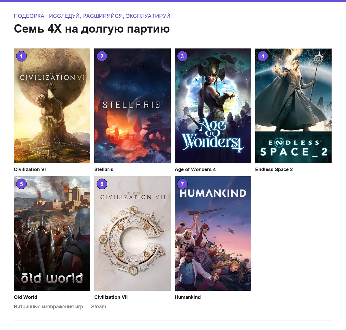 Сетка витринных обложек семи 4X-стратегий