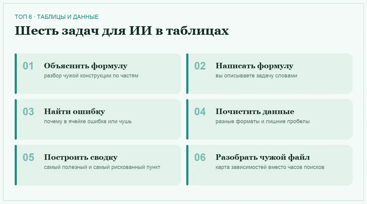 Список шести задач, которые стоит отдавать ИИ при работе с таблицами
