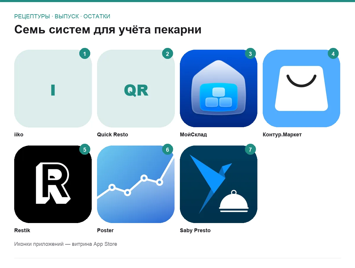 Сетка иконок семи программ для производственного учёта в пекарне