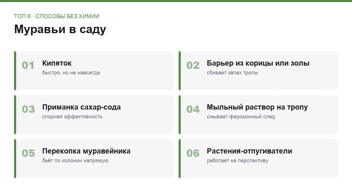Плитки со списком шести способов избавиться от муравьёв в саду