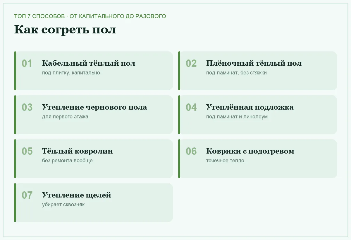 Иллюстрация: семь способов утеплить пол в квартире, от тёплого пола до уплотнения щелей