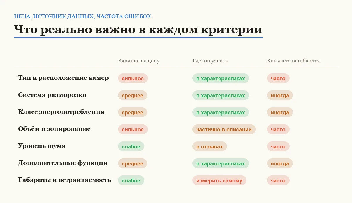 Инфографика: влияние критерия на цену холодильника, где узнать характеристику и как часто в ней ошибаются