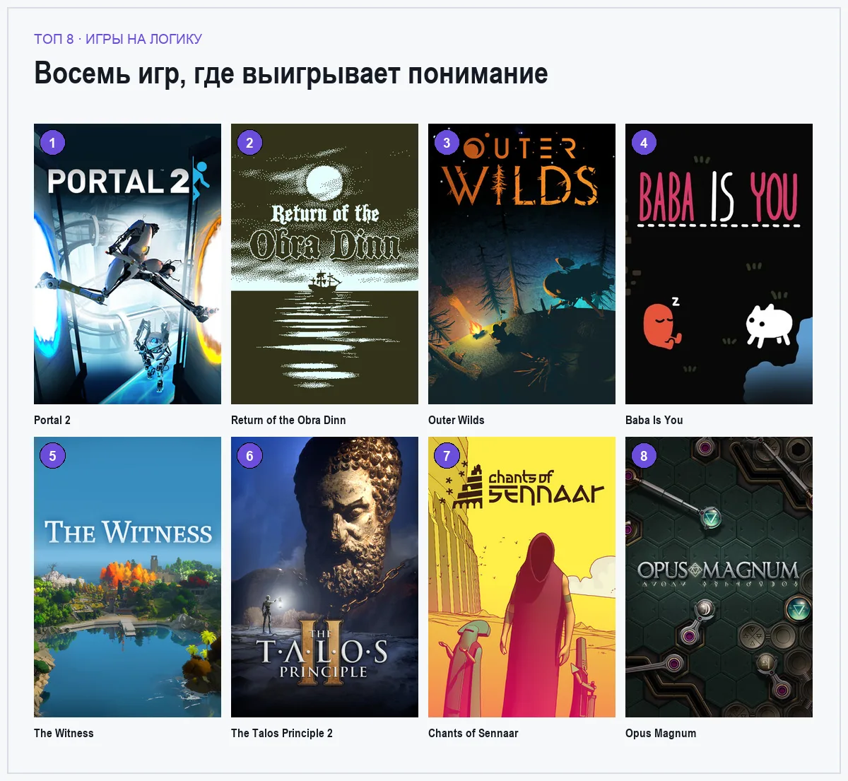 Витринные изображения восьми игр на логику