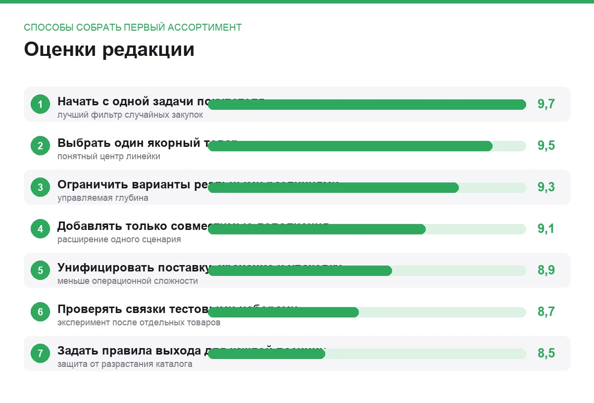 Диаграмма оценок семи способов собрать первый ассортимент без лишних позиций
