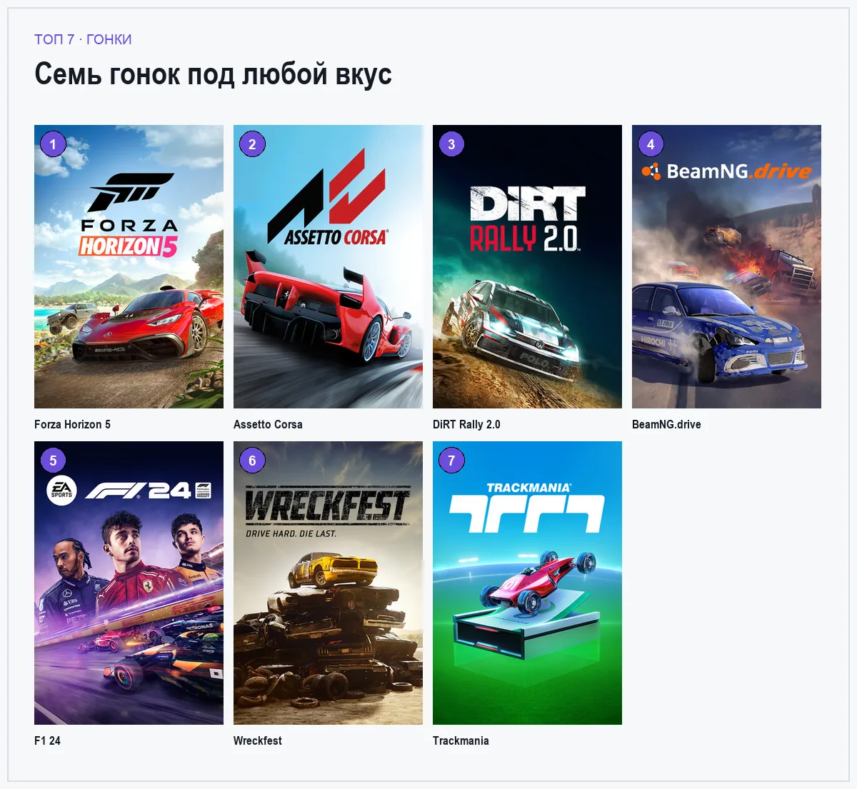 Витринные изображения семи гоночных игр