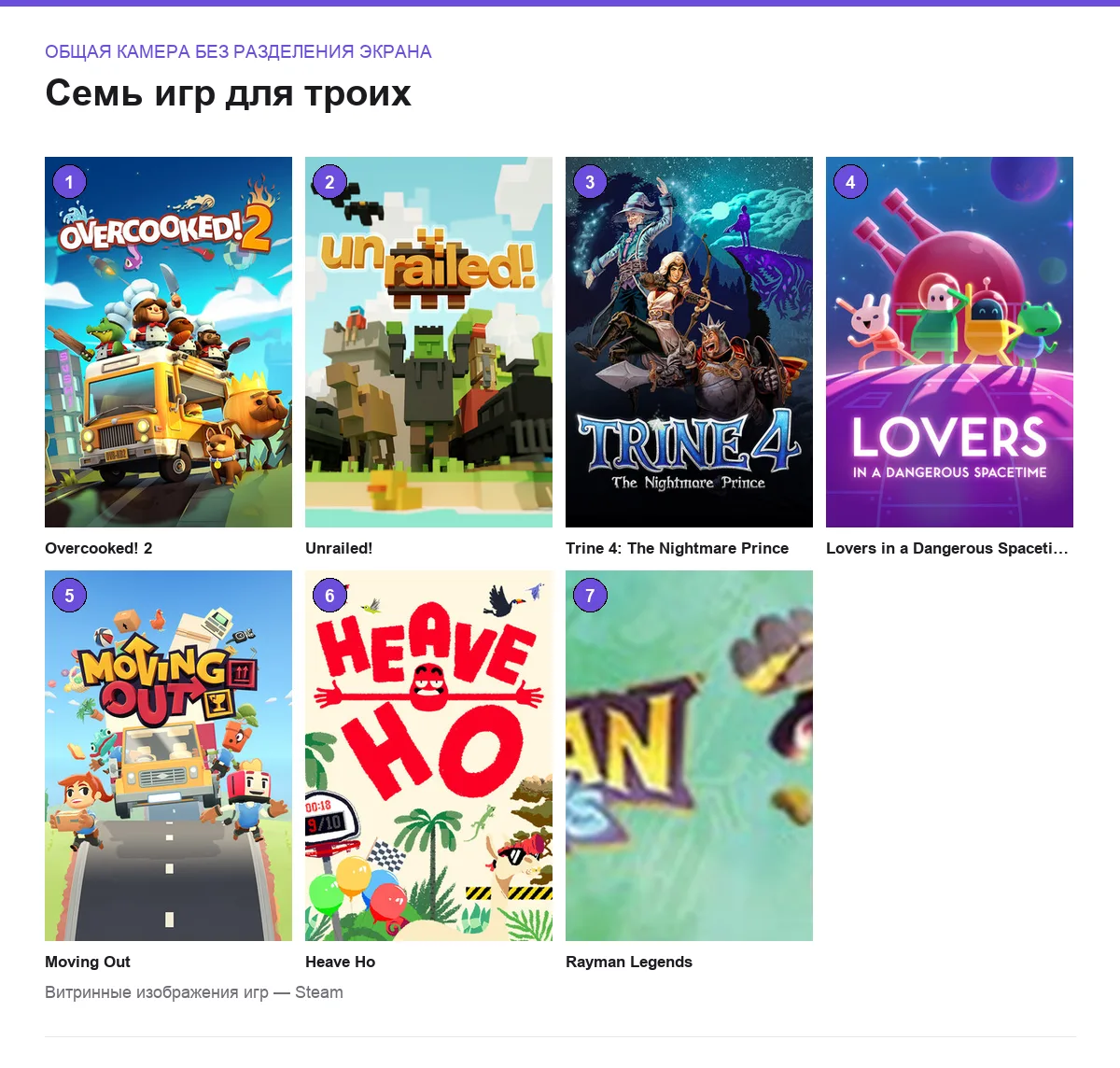 Обложки семи игр: общая камера без разделения экрана