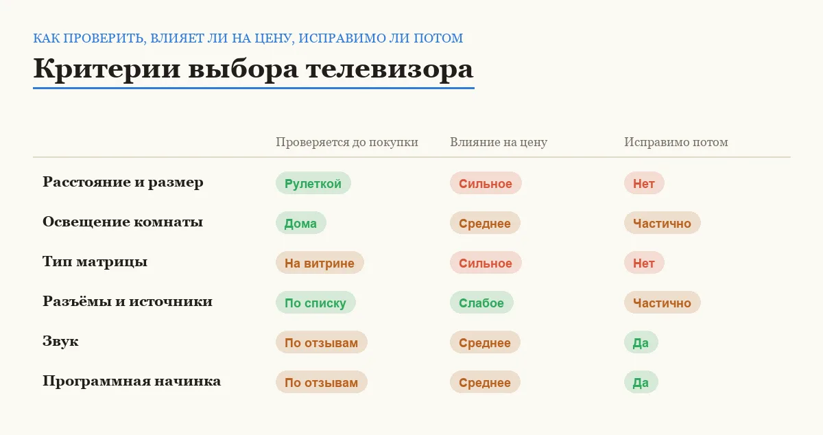 Сравнение шести критериев выбора телевизора по способу проверки и возможности исправить ошибку