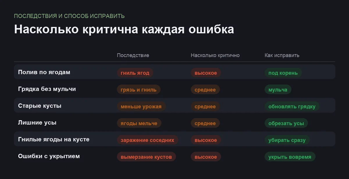 Инфографика: последствия шести ошибок при выращивании клубники и насколько они критичны