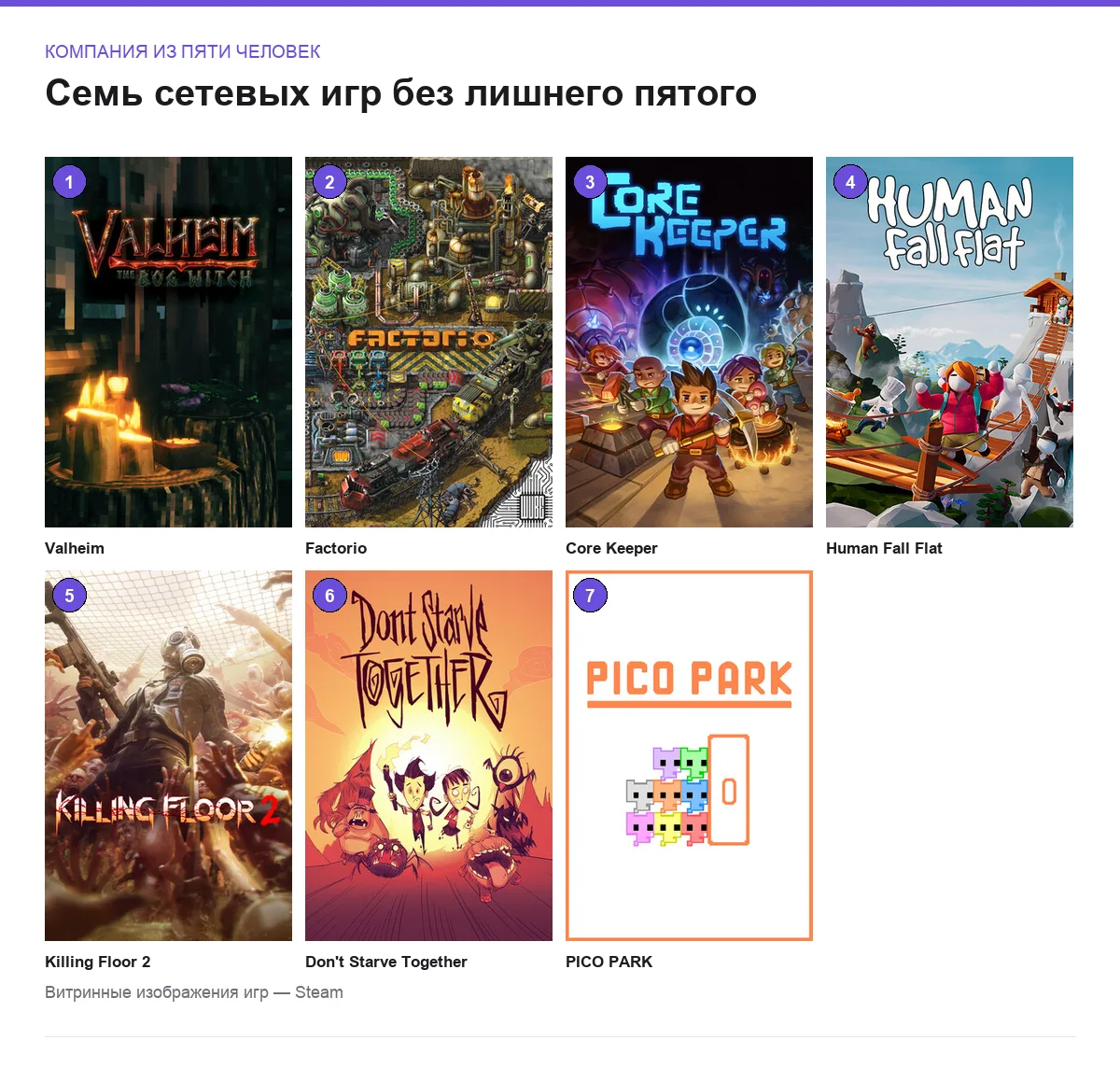 Сетка обложек семи сетевых игр для пятерых