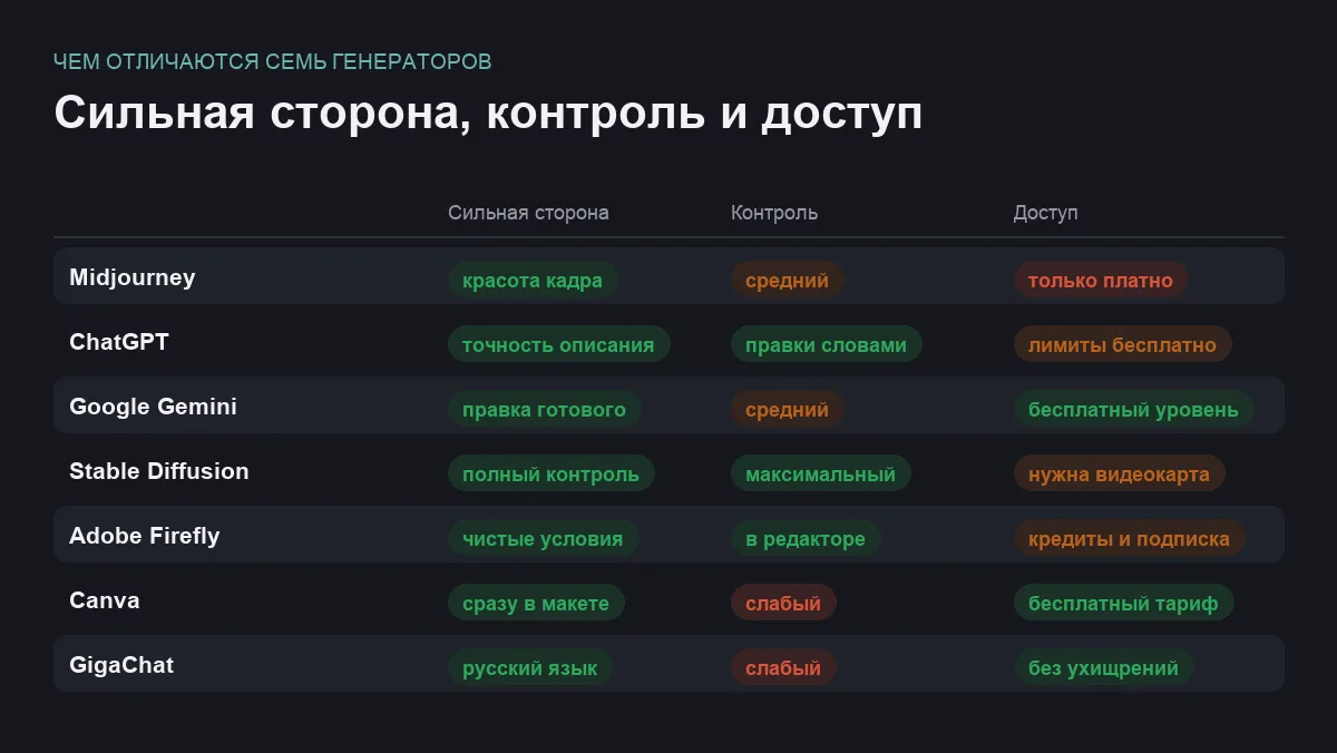 Инфографика: сильная сторона, управляемость и доступность семи сервисов генерации изображений