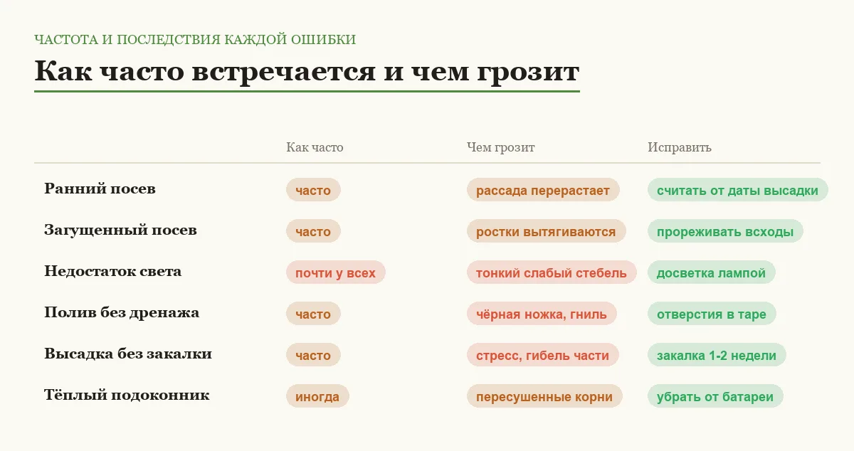 Инфографика: как часто встречается ошибка при выращивании рассады дома, чем она грозит и как её исправить