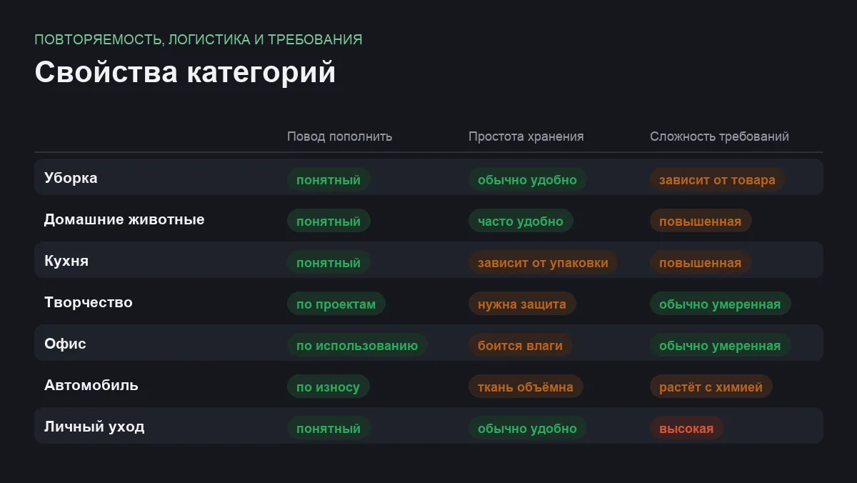 Матрица сравнения семи категорий товаров для повторных покупок