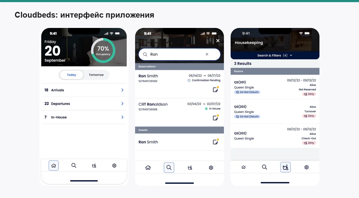 Cloudbeds — экраны приложения