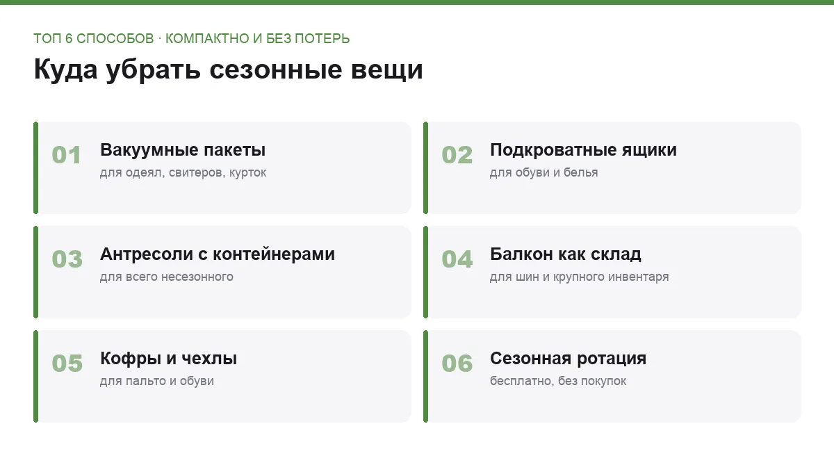 Иллюстрация: шесть способов компактно хранить сезонные вещи в квартире