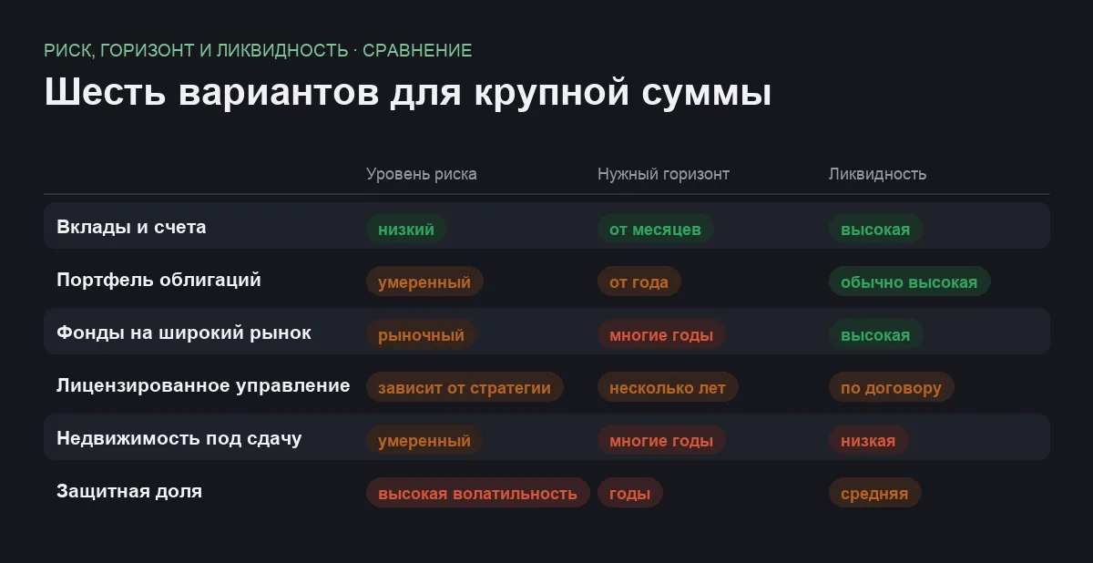 Сравнительная таблица шести вариантов вложения крупной суммы по риску, горизонту и ликвидности