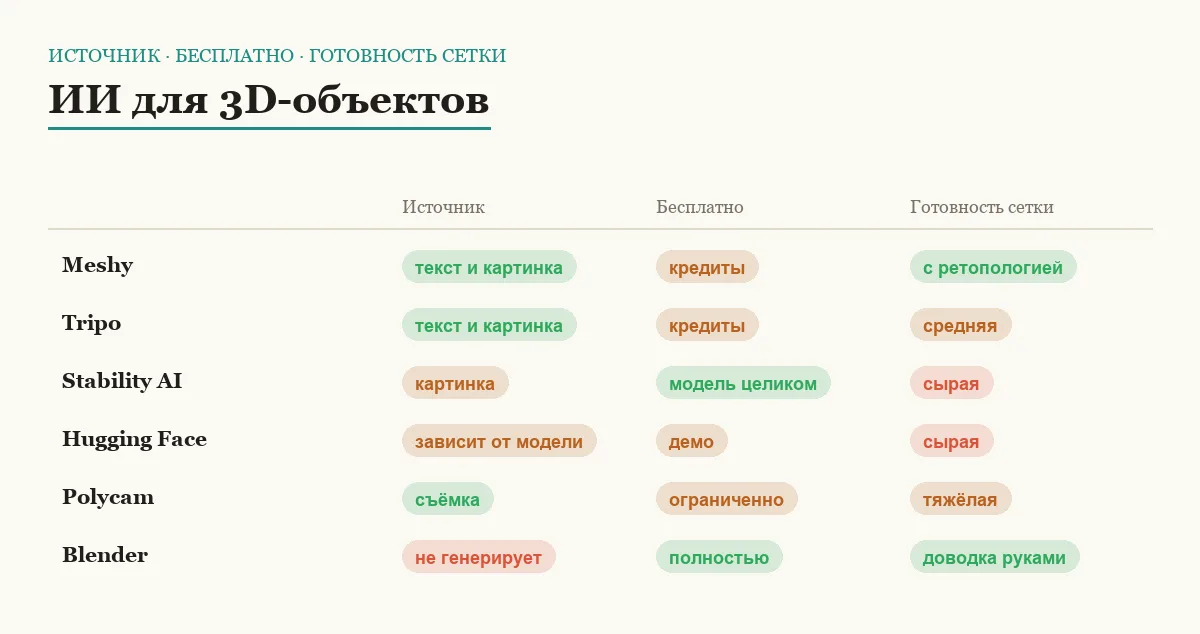Матрица сравнения шести ИИ-инструментов для 3D-объектов по источнику, бесплатному режиму и качеству сетки
