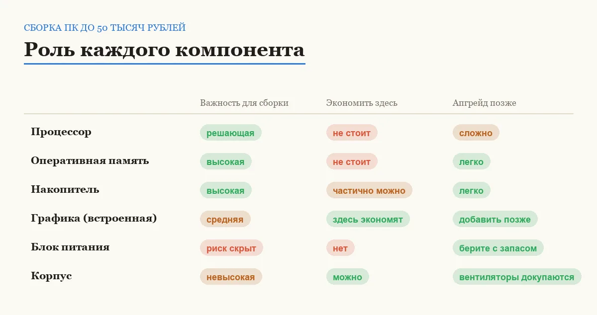 Сравнительная таблица компонентов бюджетной сборки по важности, возможности сэкономить и апгрейду позже