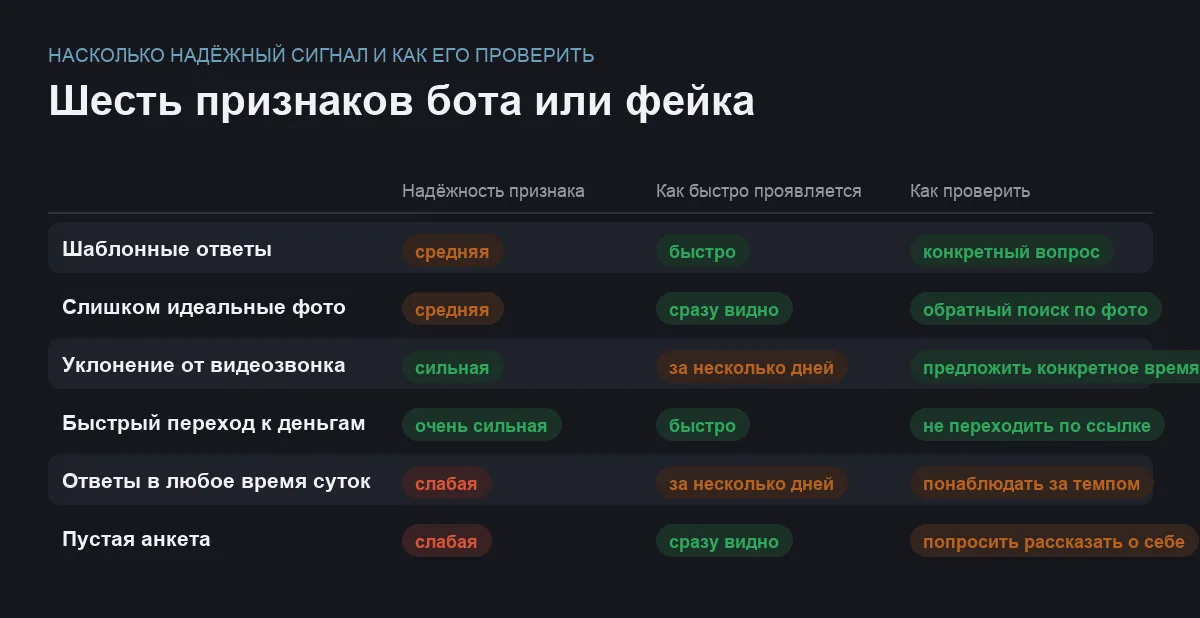 Матрица шести признаков бота или фейковой анкеты в приложении знакомств