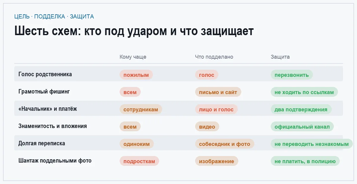 Матрица шести схем ИИ-мошенничества с целями, подделками и способами защиты