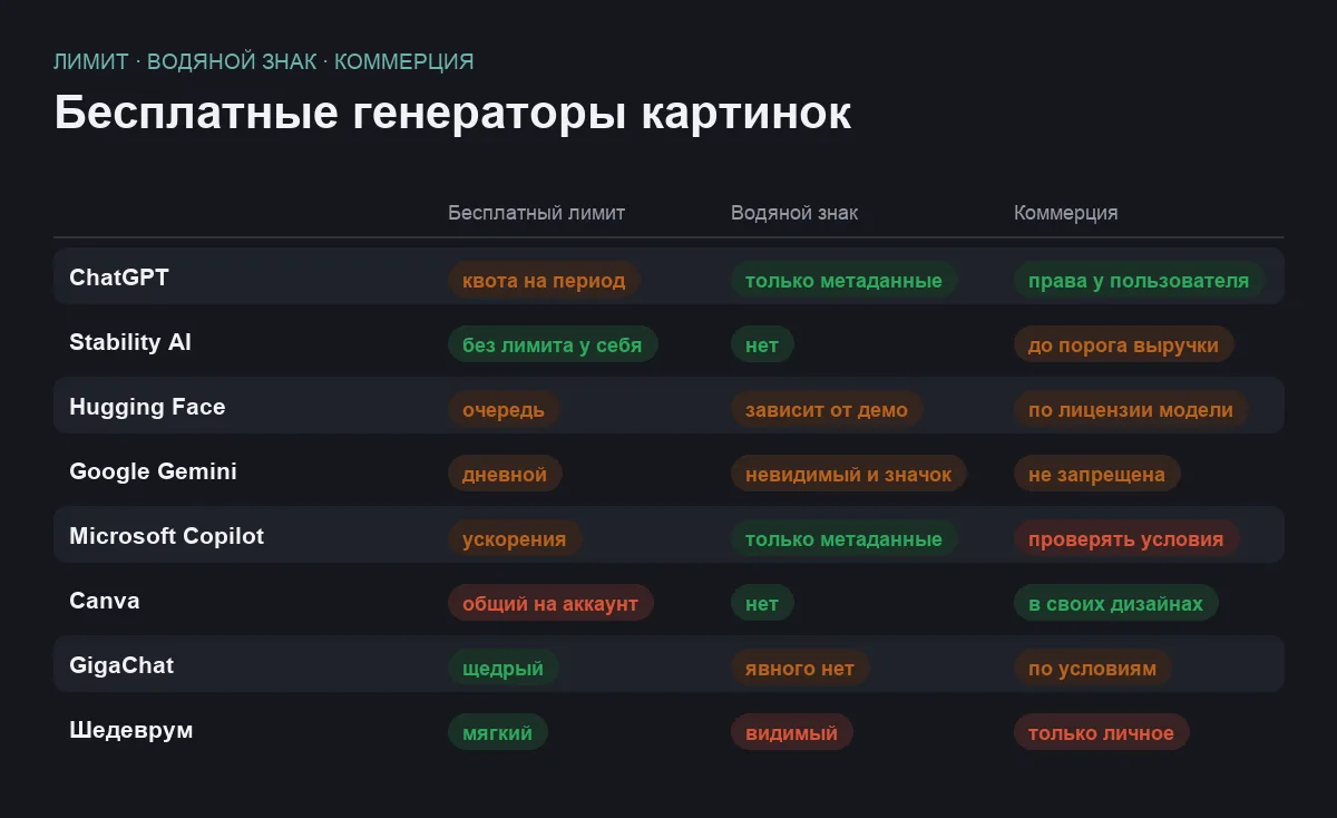 Матрица сравнения восьми бесплатных ИИ-генераторов картинок по лимитам, водяным знакам и правам