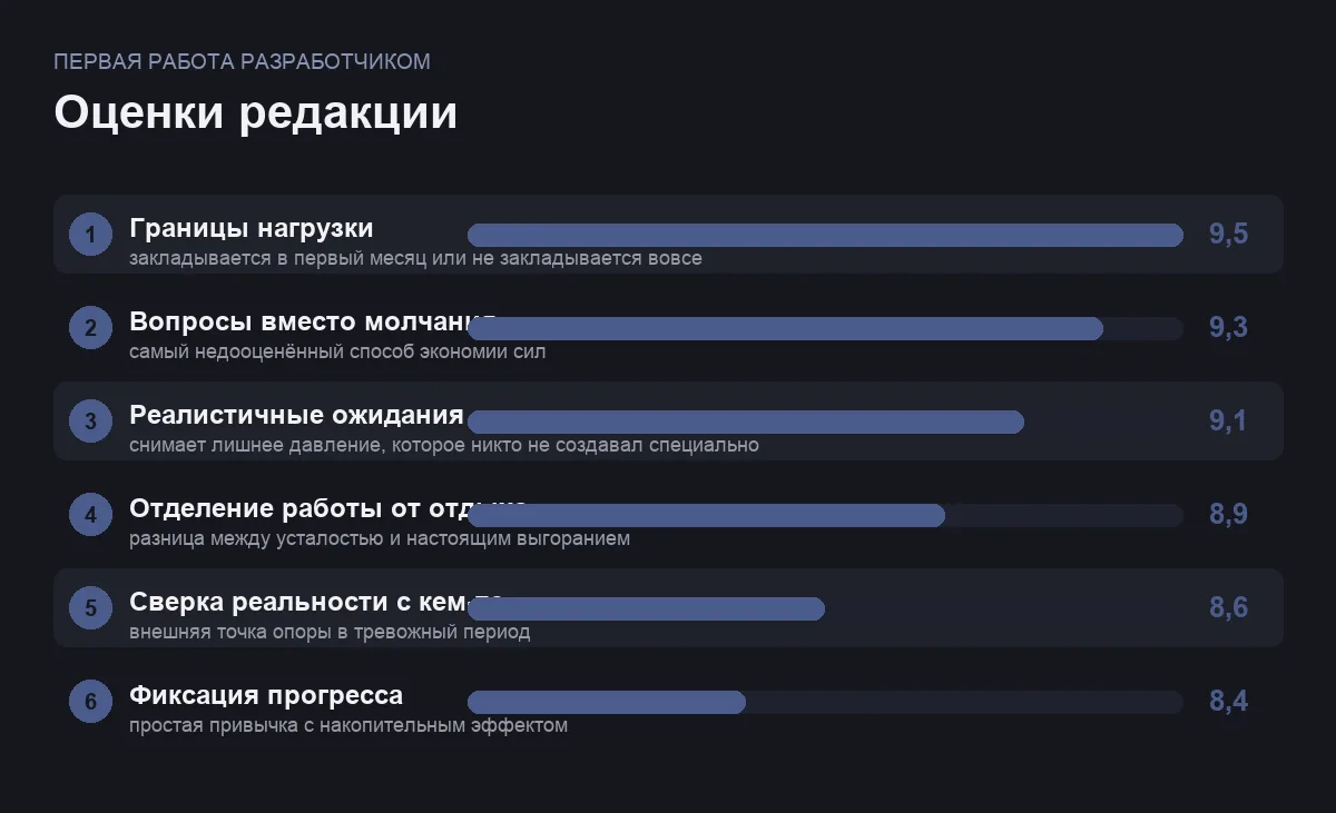 Диаграмма важности шести способов не выгореть на первой работе разработчиком