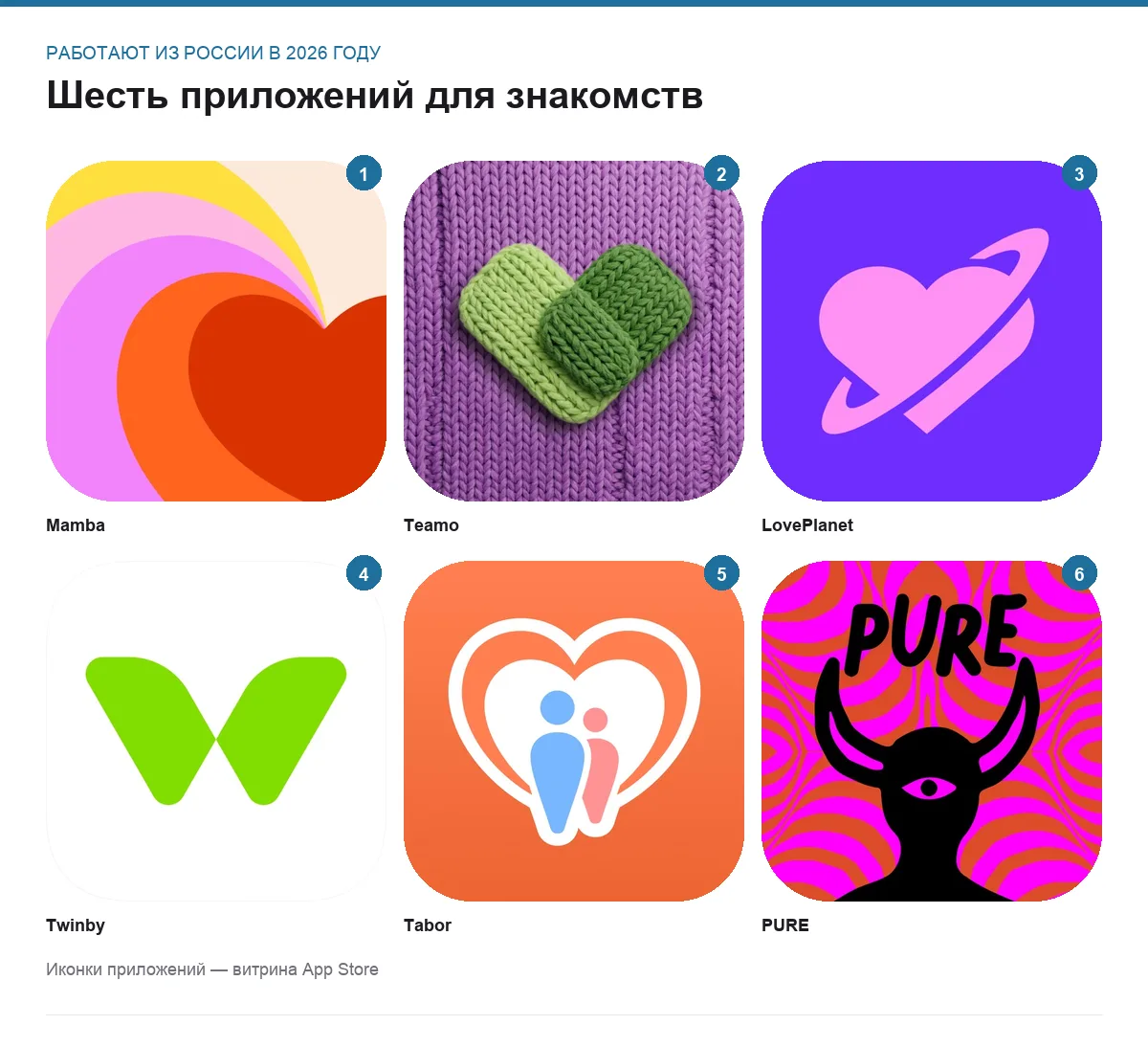Сетка иконок шести приложений для знакомств: Mamba, Teamo, LovePlanet, Twinby, Tabor, PURE