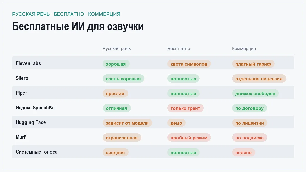 Матрица сравнения семи бесплатных инструментов синтеза речи по качеству русского, бесплатному режиму и правам