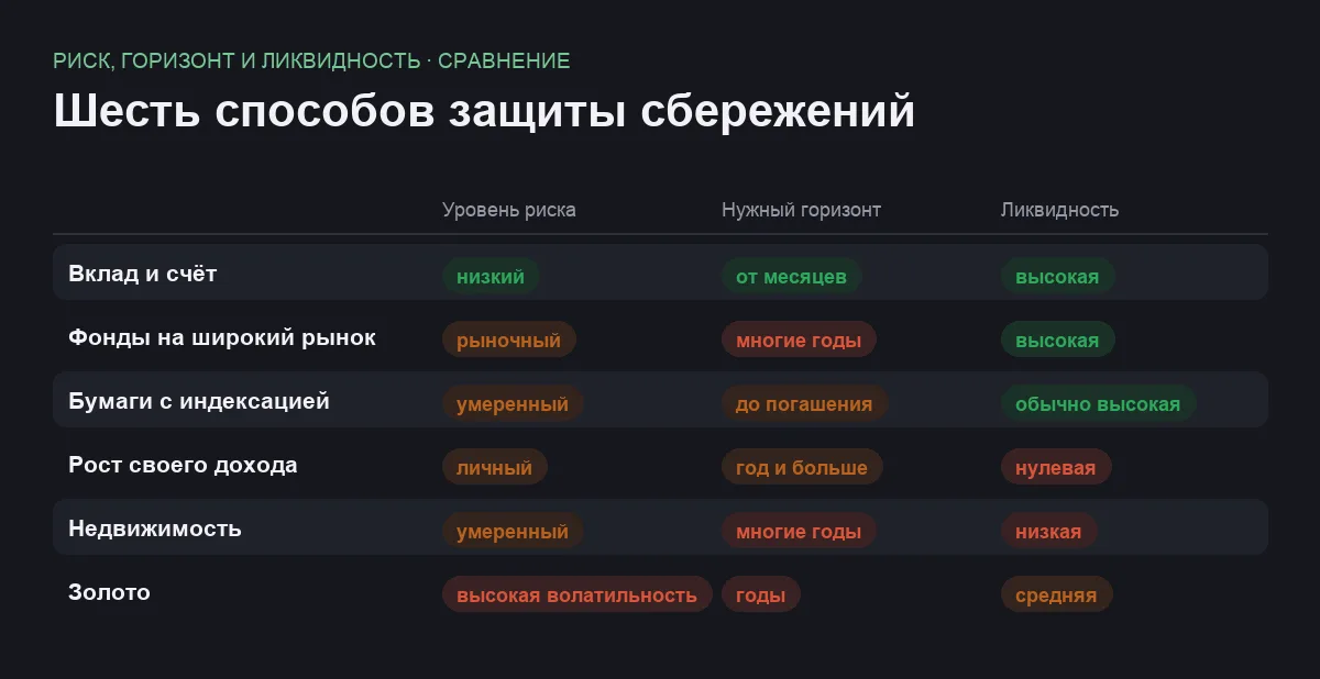 Сравнительная таблица шести способов защитить сбережения от инфляции по риску, горизонту и ликвидности