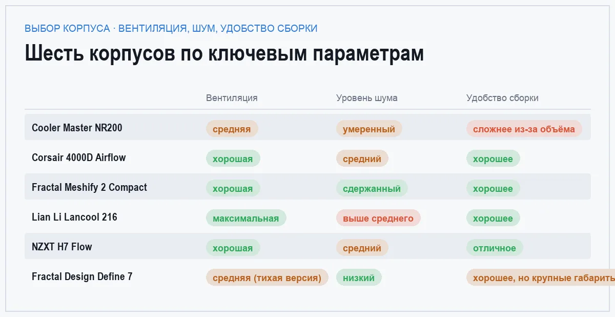 Сравнительная таблица шести корпусов для игрового ПК по вентиляции, уровню шума и удобству сборки