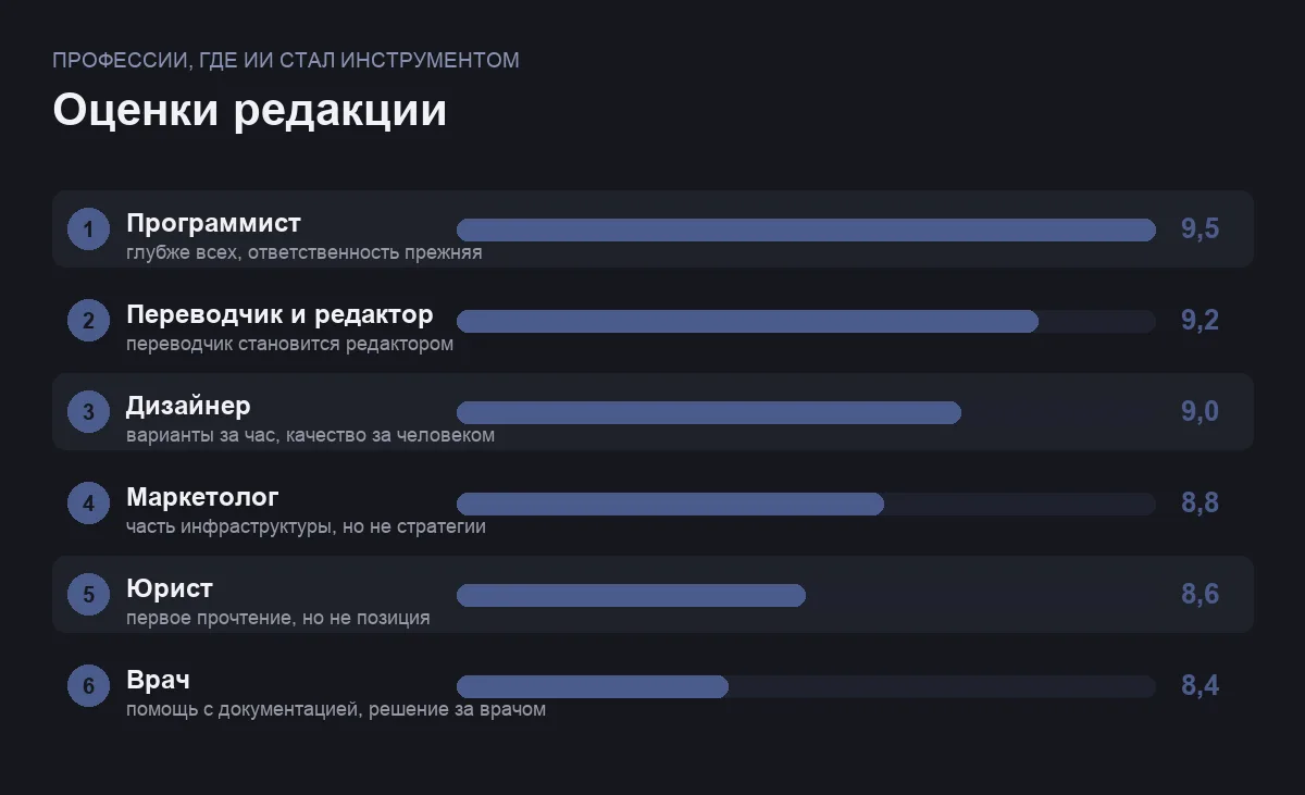 Диаграмма оценок глубины внедрения ИИ в шесть профессий