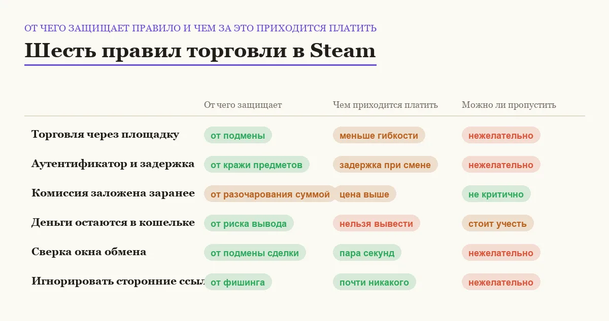 Сравнительная таблица шести правил безопасной торговли предметами в Steam по защите и неудобству