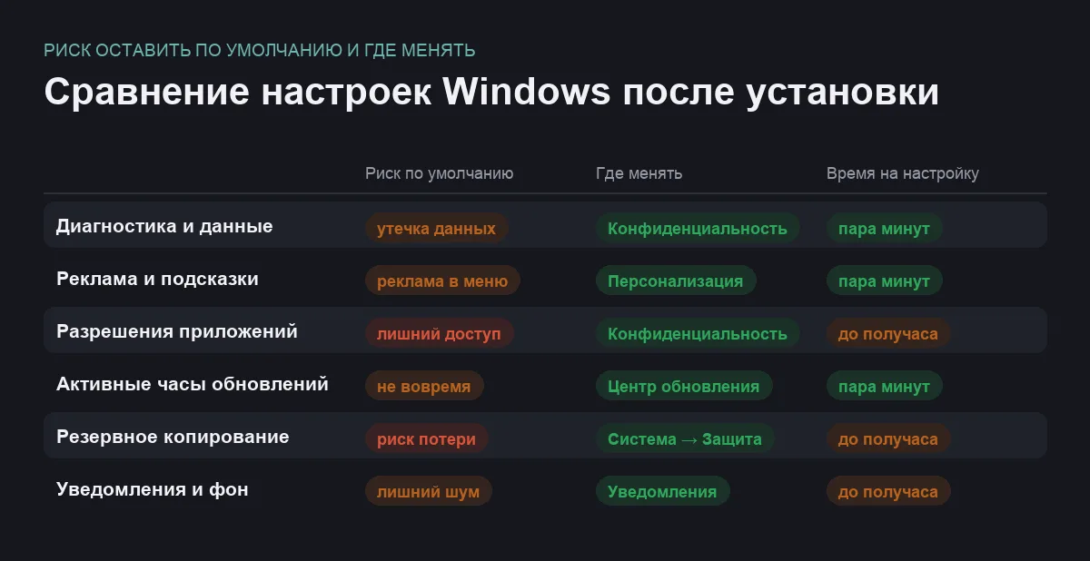 Матрица сравнения шести настроек Windows, которые стоит поменять после установки