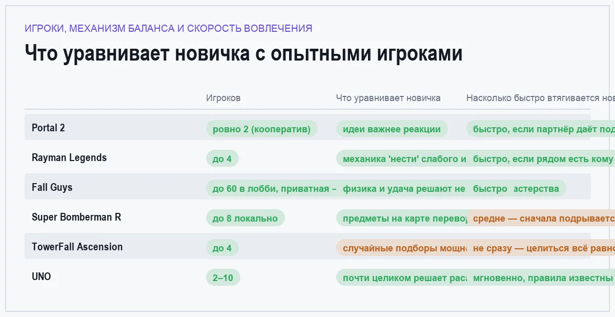 Сравнительная таблица шести игр по числу игроков, механизму уравнивания навыка и скорости вовлечения новичка
