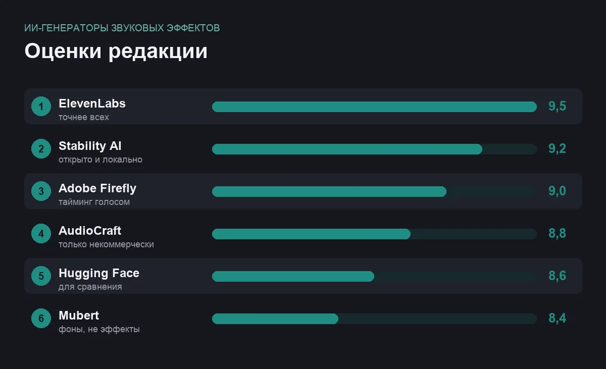Диаграмма оценок шести ИИ-генераторов звуковых эффектов