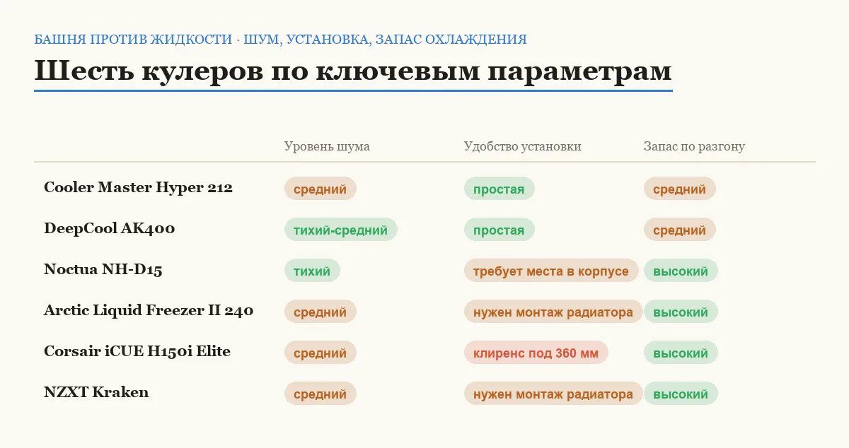 Сравнительная таблица шести кулеров для процессора по уровню шума, удобству установки и разгонному запасу