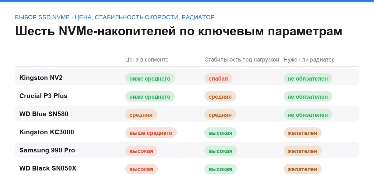 Сравнительная таблица шести NVMe-накопителей по цене в сегменте, стабильности скорости под нагрузкой и необходимости радиатора