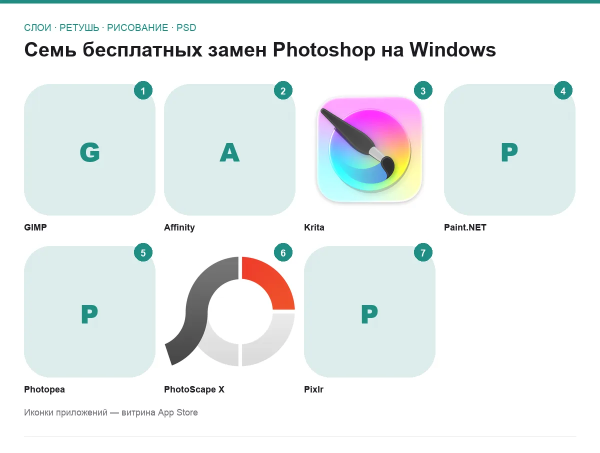Сетка иконок семи бесплатных графических редакторов для Windows вместо Photoshop