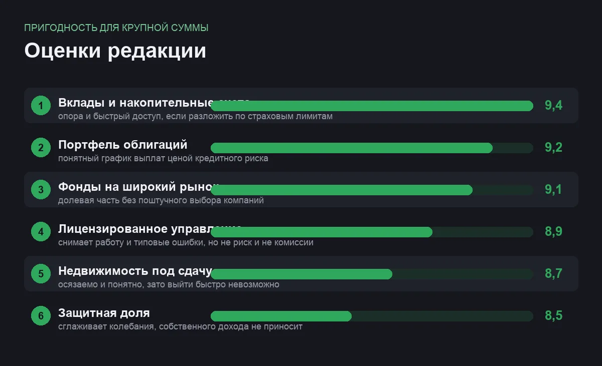 Диаграмма оценок шести вариантов размещения крупной суммы