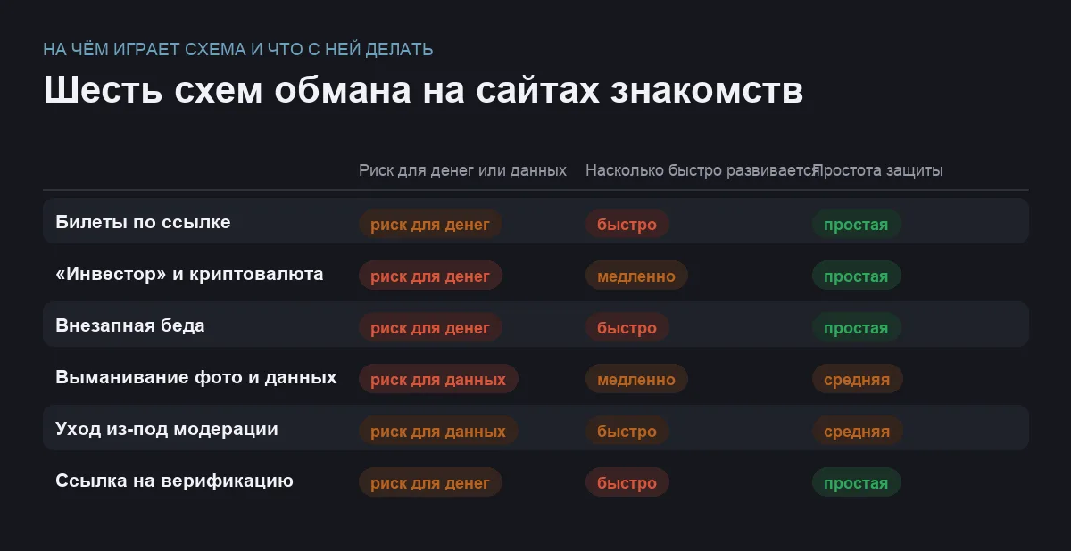 Матрица шести схем обмана на сайтах знакомств с указанием приёма и защиты