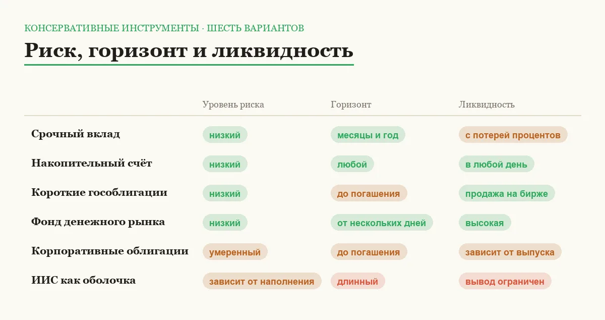 Сравнительная таблица шести консервативных инструментов по уровню риска, подходящему горизонту и ликвидности