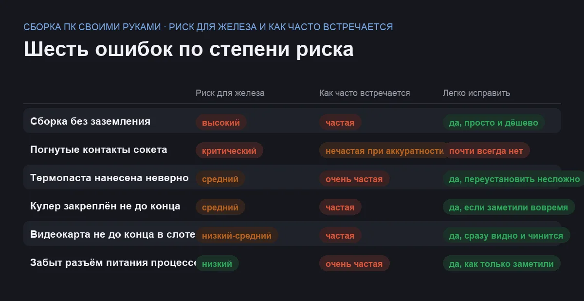 Сравнительная таблица шести ошибок при сборке ПК по риску для комплектующих, частоте и тому, легко ли их исправить