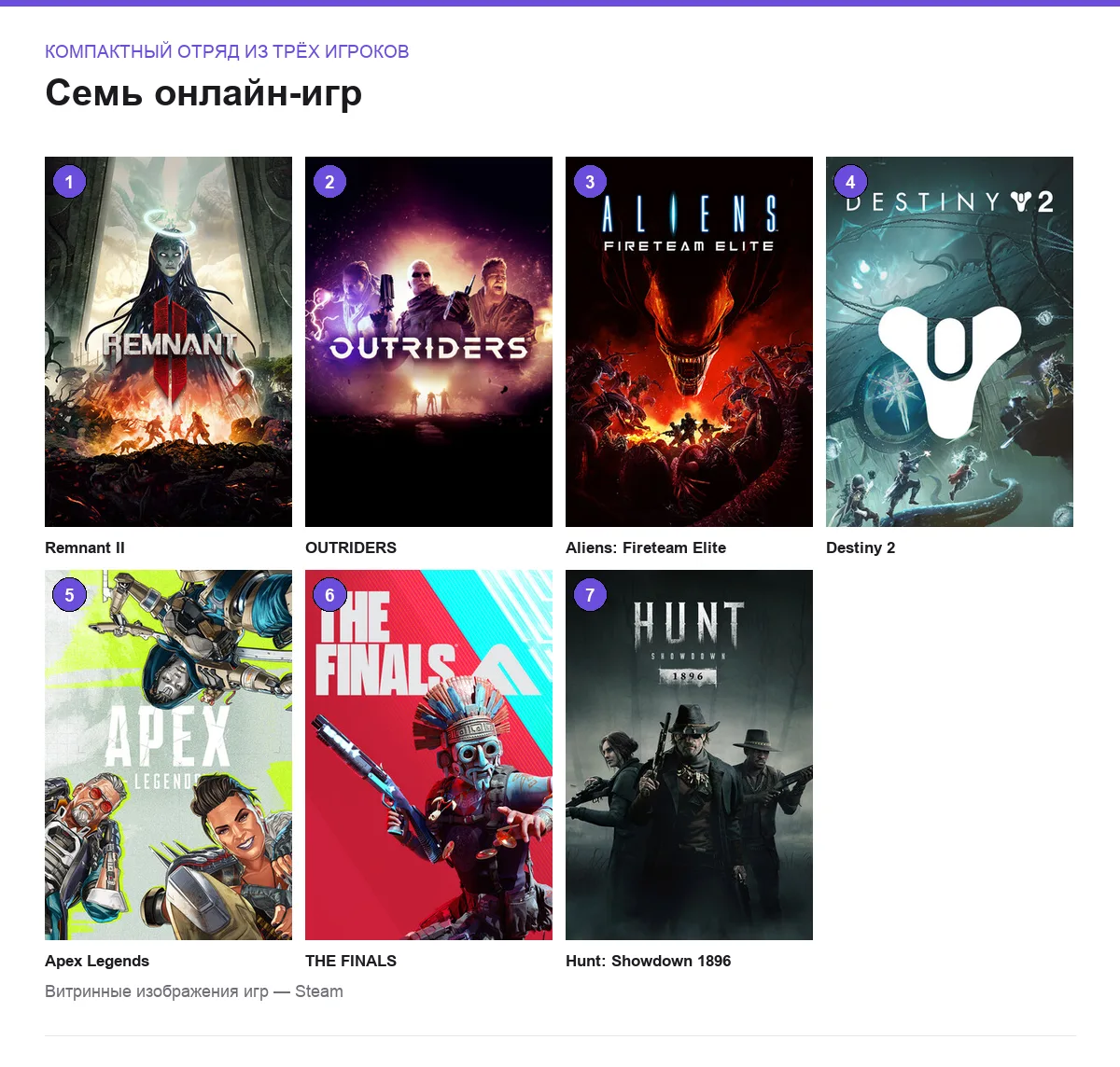 Обложки семи онлайн-игр: компактный отряд из трёх игроков