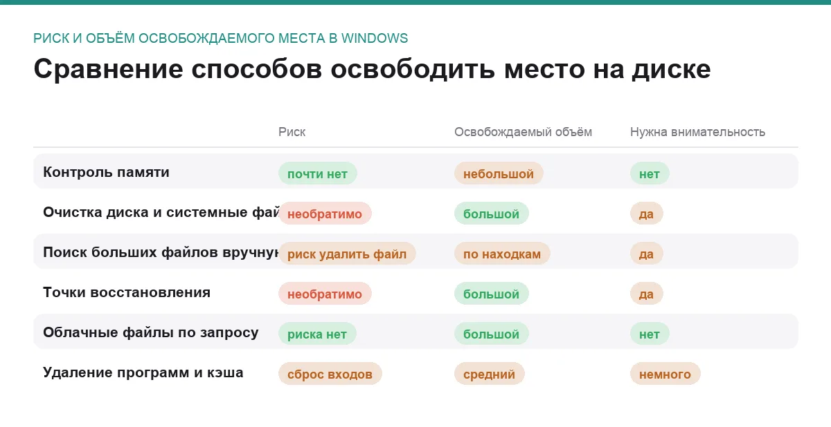 Матрица сравнения шести способов освободить место на диске в Windows