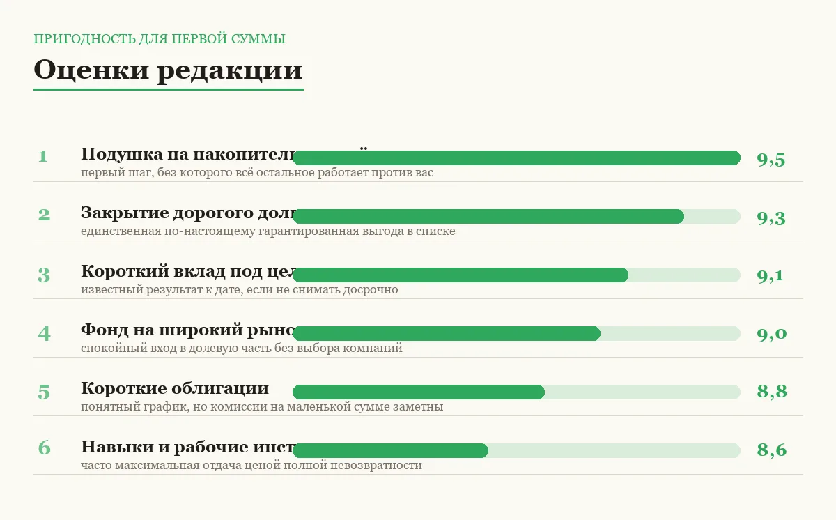 Диаграмма оценок шести вариантов вложения первых ста тысяч рублей