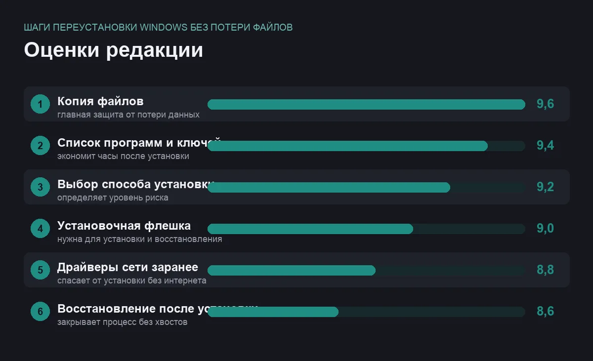 Диаграмма оценок шести шагов переустановки Windows