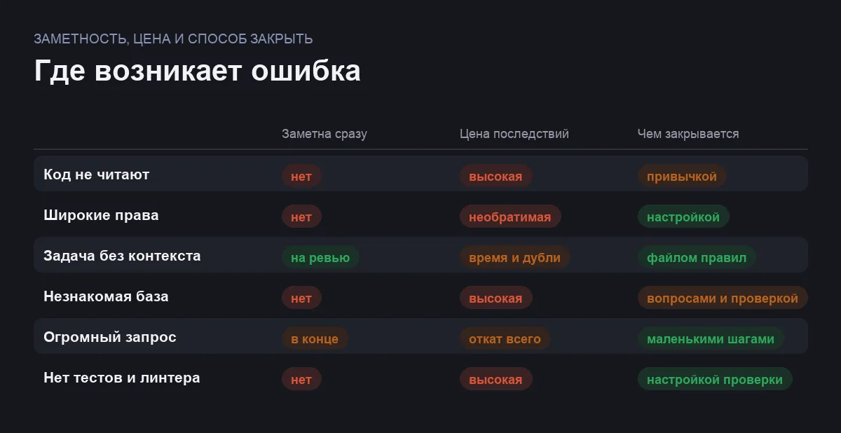 Матрица сравнения шести ошибок при работе с ИИ-агентами в коде