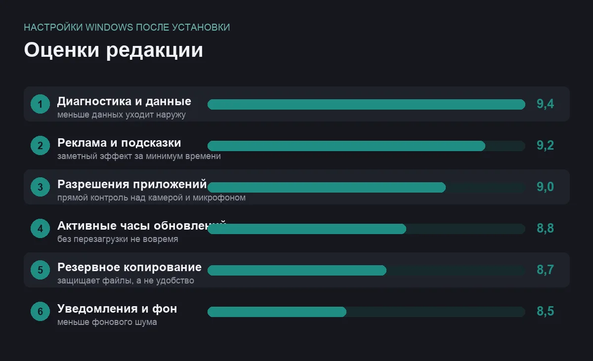 Диаграмма оценок шести настроек Windows после установки